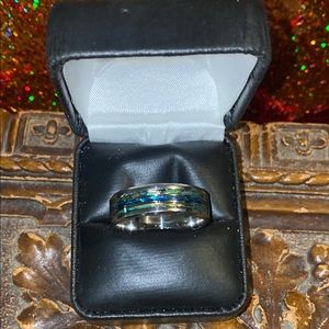 MENS SILVER WEDDING CASUAL BAND BLUE CORAL RING BOX !!